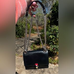 Fendi Kan l Small Bag. Black Leather with silver and leather crossbody strap.